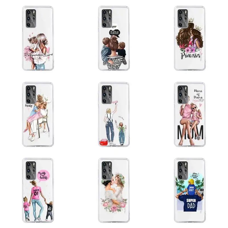 

girl Queen Mom and baby Phone Case Transparent For Huawei honor V 9 8 10 20 7 i S A C X pro lite play Soft TPU Clear Mobile bags