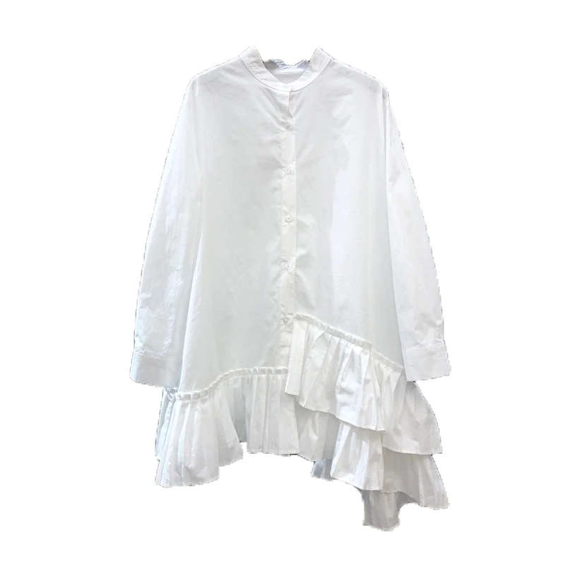 

PERHAPS U White Black Mandarin Collar Button Dress Long Sleeve Solid Pleated Short Mini Dress Asymmetrical D1350