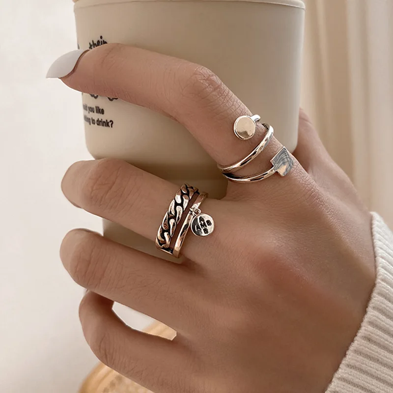 

S925 Sterling Silver Engagement Ring Vintage Punk Custom Geometric Smooth Open Ring Female Texture Index Finger Ring Female