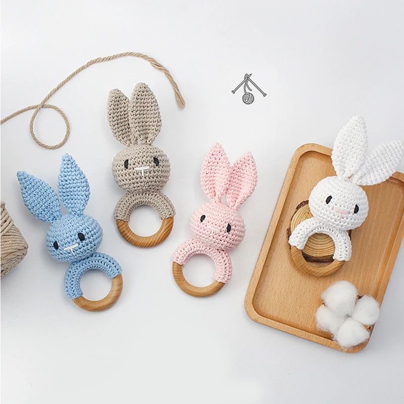 1Set Baby Teether Crochet Bunny Rattle Beech Wooden Teether  Pacifier Clip Chain Set Newborn Mobile Gym Educational Toy Gift