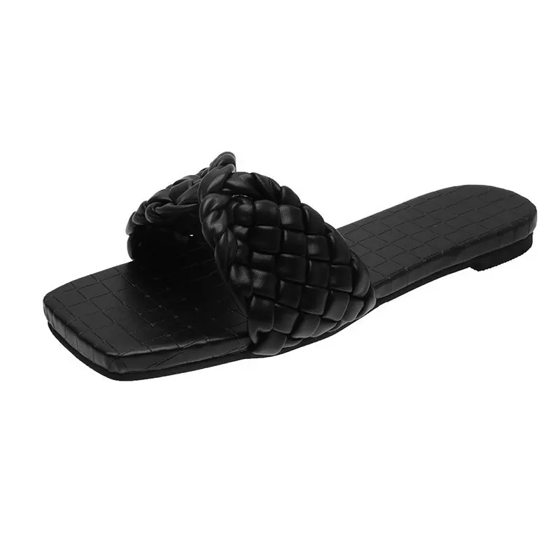

New Fashion Weave Slippers Women Square Toe Flat Casual Shoes Women Slide 2021 Summer Flip Flops Beach Sandal Slipper Big size42