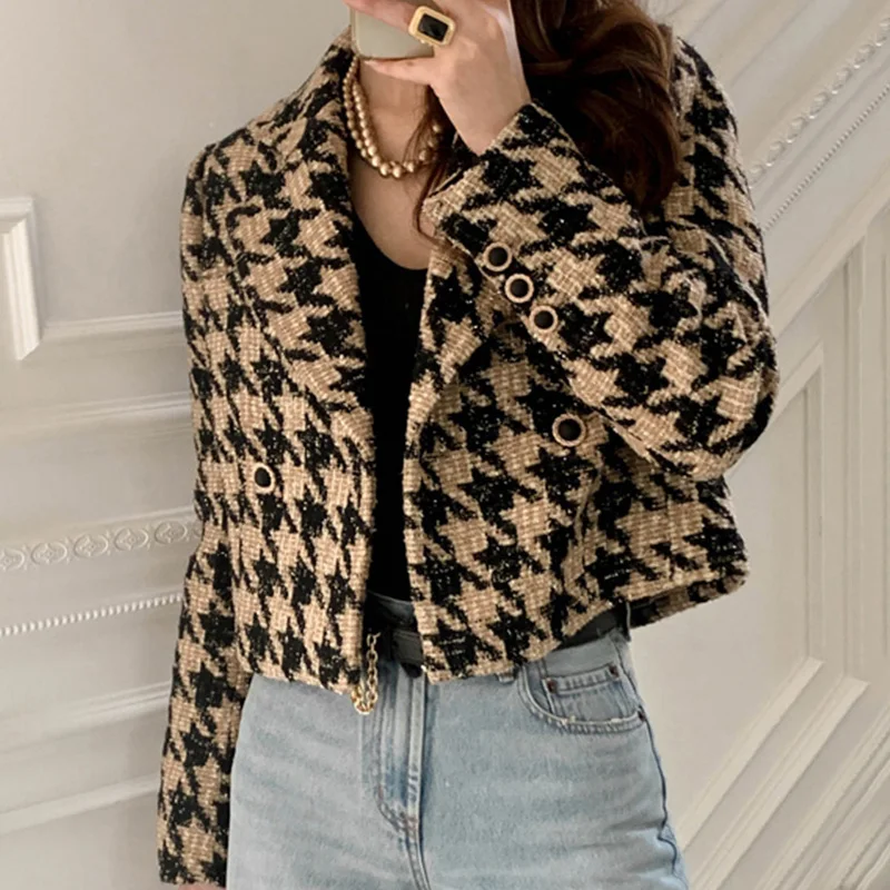 

Plaid Cotton Heavy Tweed Jacket Cardigan Coat ] 2020 Winter Female Turn Down Collar Double Breasted Minimalist Loose