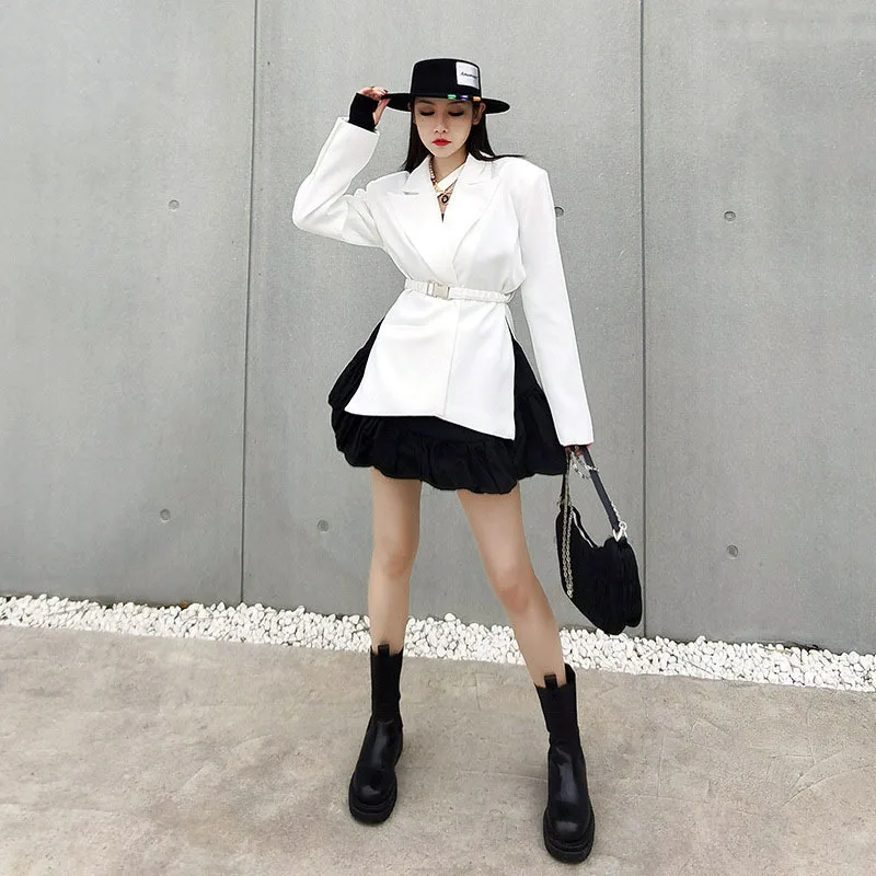 

[EAM] Women Black Big Size Slit Sashes Blazer New Lapel Long Sleeve Loose Fit Jacket Fashion Tide Spring Autumn 2021 1DD7198