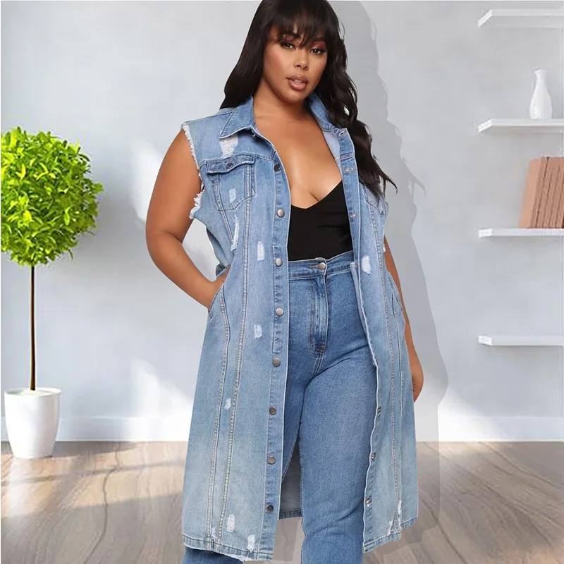 Джинсовое пальто на пуговицах без рукавов с отложным воротником | Женская одежда