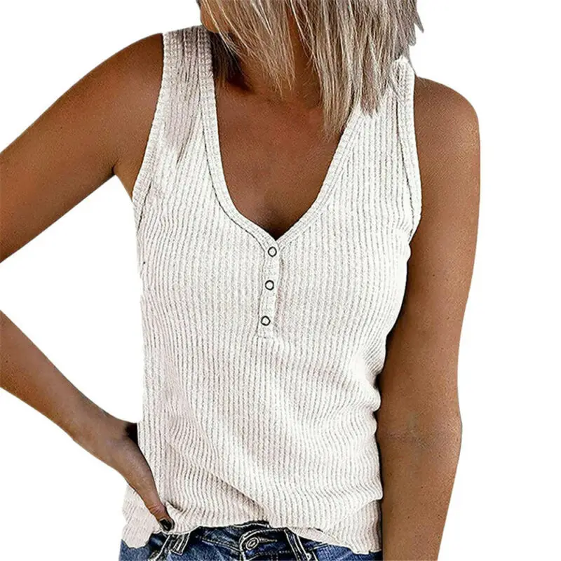 

Women Short Sleeve Button Vest Solid Color V-neck Sleeveless T-shirt Top Loose