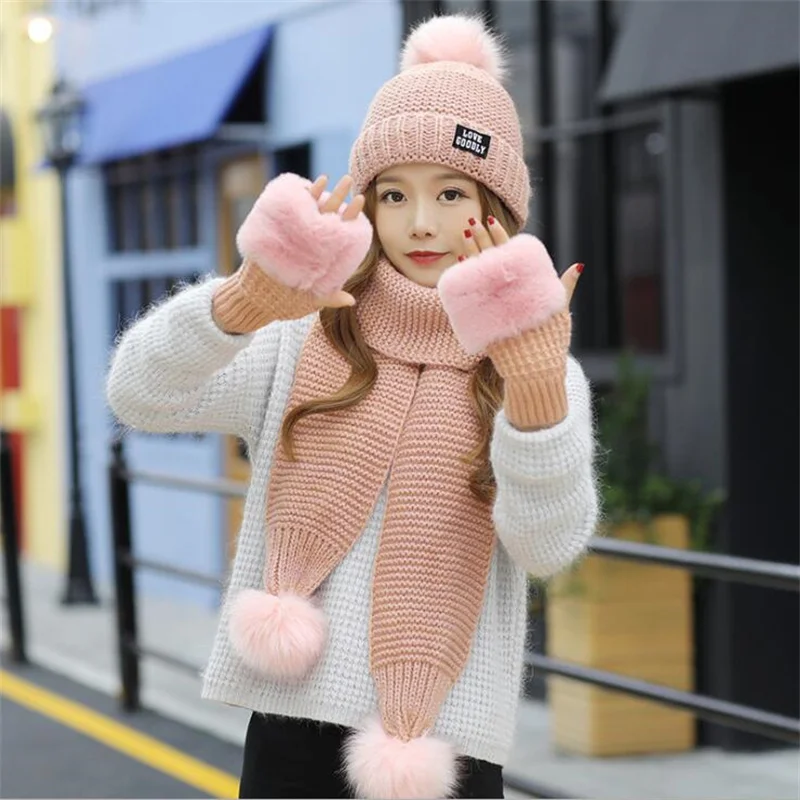 

Fashion Women's Hat Scarf /Gloves Sets Autumn-Winter Female Three - Piece Knitted Caps For Ladies Warm Skullies Beanies Hat