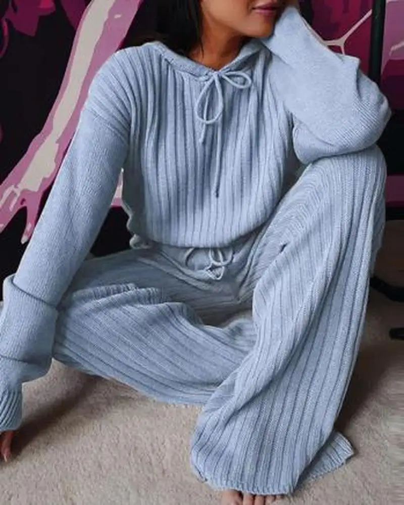 

2021 Ladies Knitted One-piece Autumn and Winter Suit Casual Wear Banknote Long-sleeved Hooded Top and High Waist Wide-leg Pants