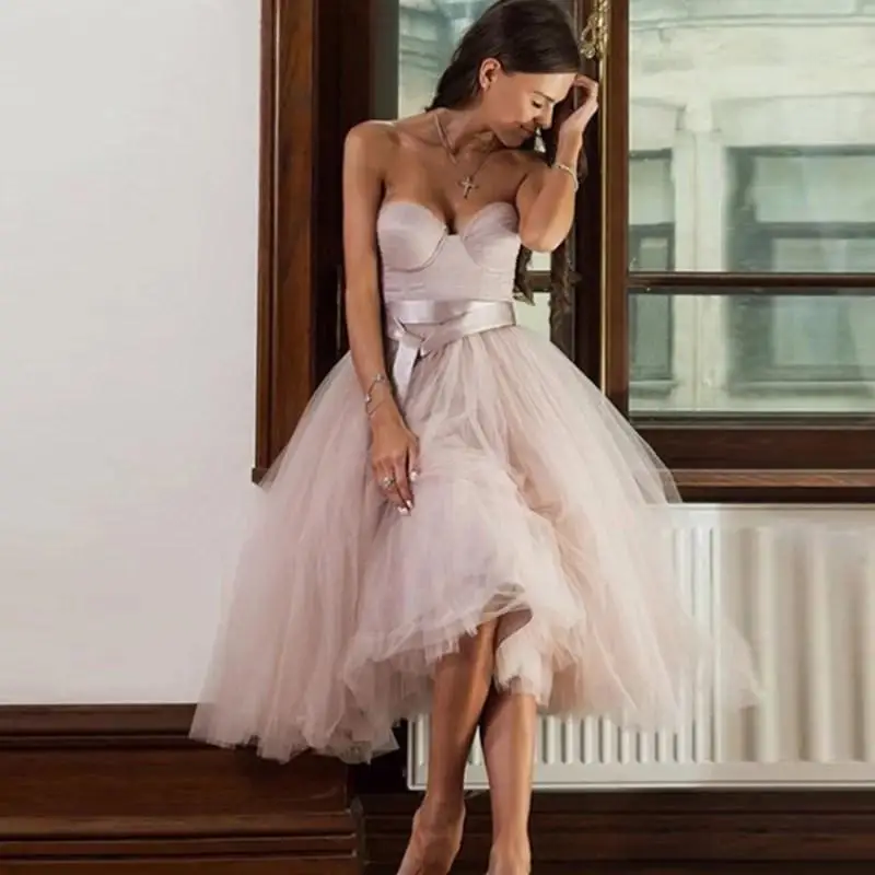 

Short Wedding Dresses 2021 Soft Tulle Knee Length Simple Lace Beach Bridal Gowns Princess Party Dress with Belt Tutu Skirt