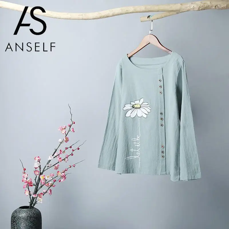 

Блузка женская из хлопка и льна, с цветочным принтом и длинным рукавом