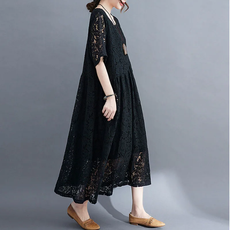 Цельнокроеное женское кружевное платье винтажное летнее свободное миди