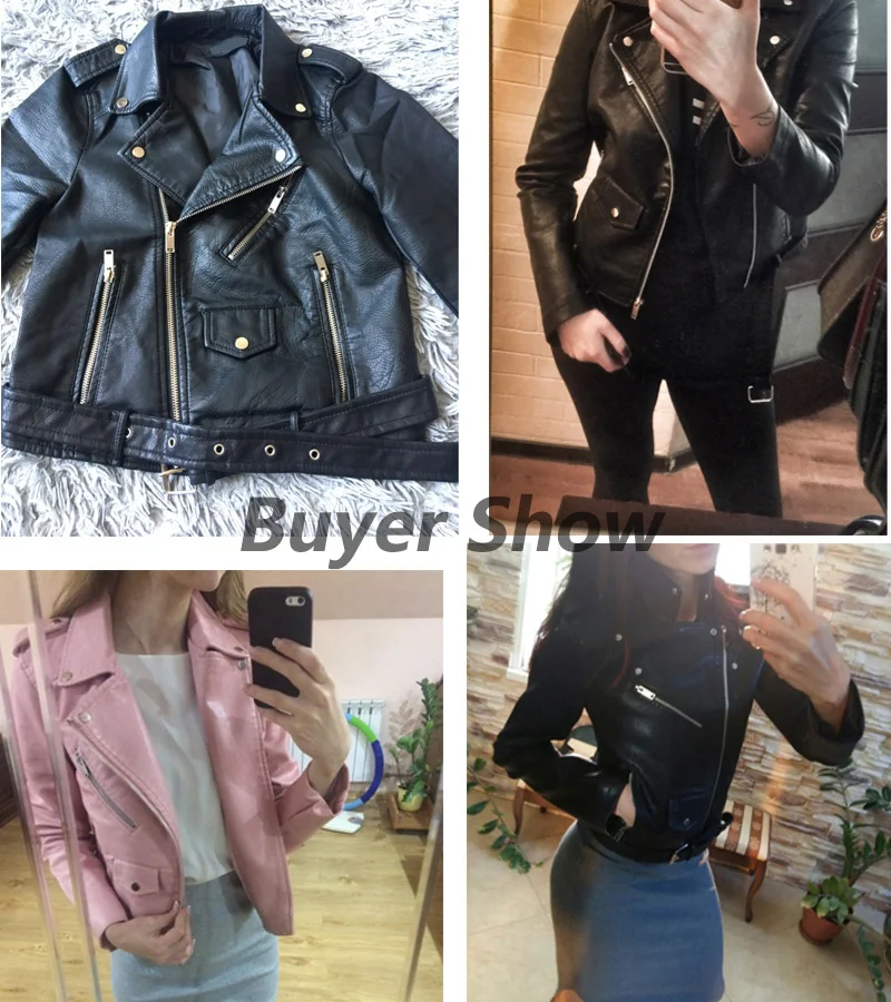 

Fitaylor New Autumn Women PU Leather Jacket Red Black Pink Motorcycle Basic Jackets Faux Leather Coat Zipper Belt Outwear