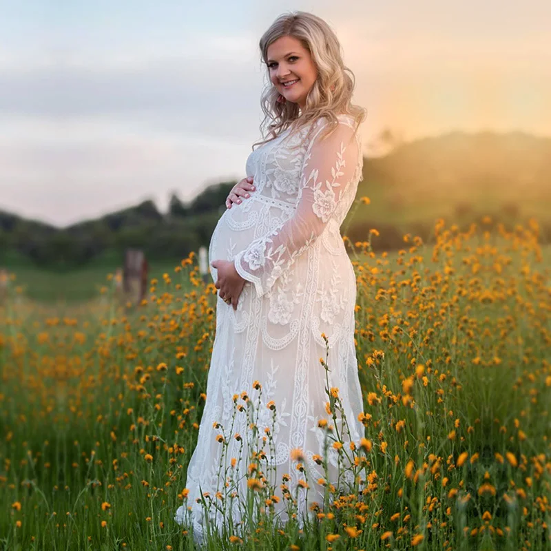 Accesorios de fotograf&iacute;a de maternidad, ropa de maternidad, Vestidos de encaje blanco, moda elegante para embarazadas, vestido Floral de encaje de ganchillo-0
