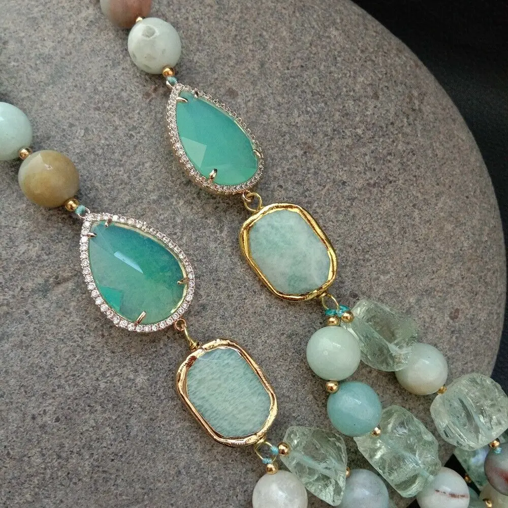 2" 2 ряда зеленый кварц грубое ожерелье из амазонита CZ Pave разъем