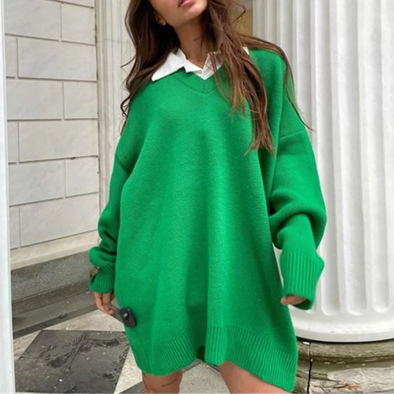 

Женский Трикотажный Свитер оверсайз с длинным рукавом и V-образным вырезом