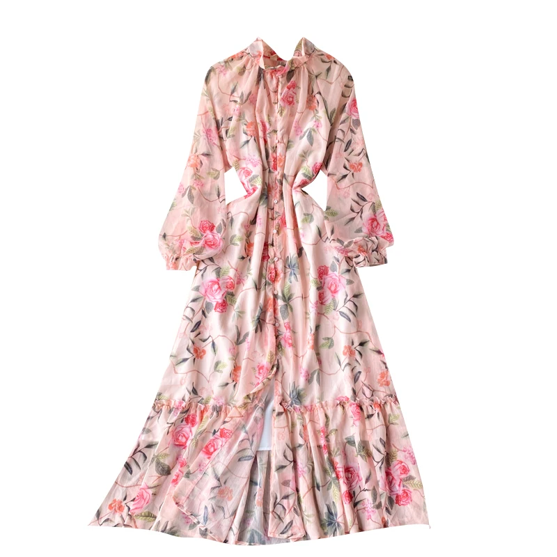 

Chic Women New Fashion A-line Dress Lady Spring Stand Collar Buckle Slim Holiday Chiffon Long Sleeve Elegant Vestidos Q983