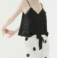 summer women black cami top and white polka dot pant two pieces pajama sets french style contrast lace sleepwears night clothes