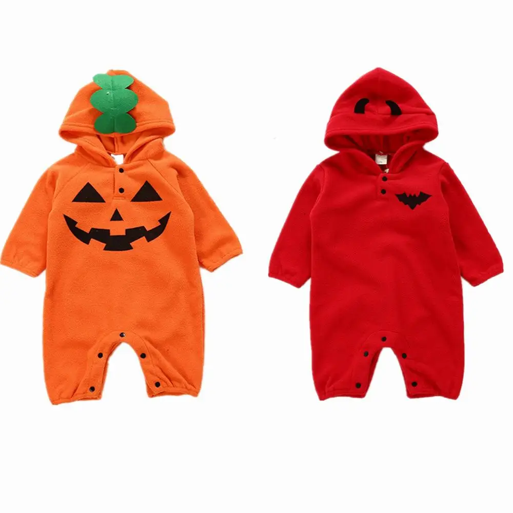 

Unisex Kids Festival Clothes Halloween Rompers Long Sleeve Orange Pumpkin Costume Hooded Cotton Fleece Autumn Winter Baby Romper
