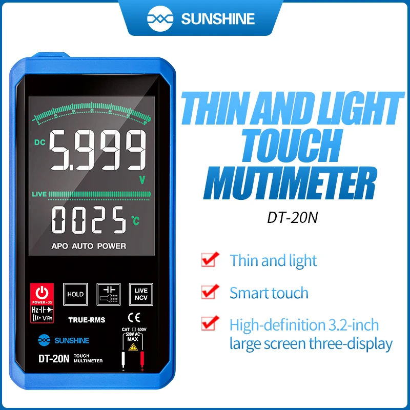 

SUNSHINE DT-20N Multimeter Digital Touch Screen AC DC Voltage Tester Current Resistance Measuremet Tools With Wire Pen Cable