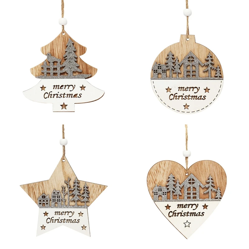

HOT 4 Pcs Christmas Pendant, Wooden Hanging Ornaments Crafts Christmas Tree Home Holiday Decoration