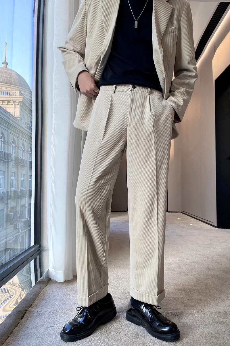 

2021 Spring Men's Sagging Wide Leg Casual Pants Corduroy Loose Straight Pants Solid Color Suit Pants Streetwear Social Trousers