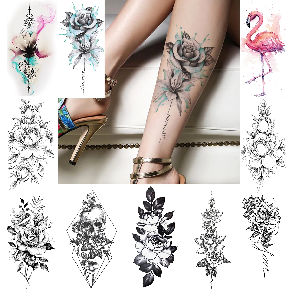 Сексуальная цепочка с розовым лотосом временные татуировки для женщин