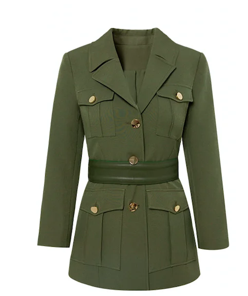 Женский офисный костюм с шортами элегантная приталенная куртка болотного цвета