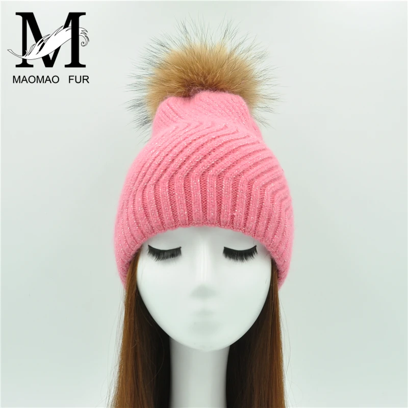 Winter Women Fur Ball Cap Real Pom Hat Water Ripple Female Wool Knitted Beanies | Аксессуары для одежды