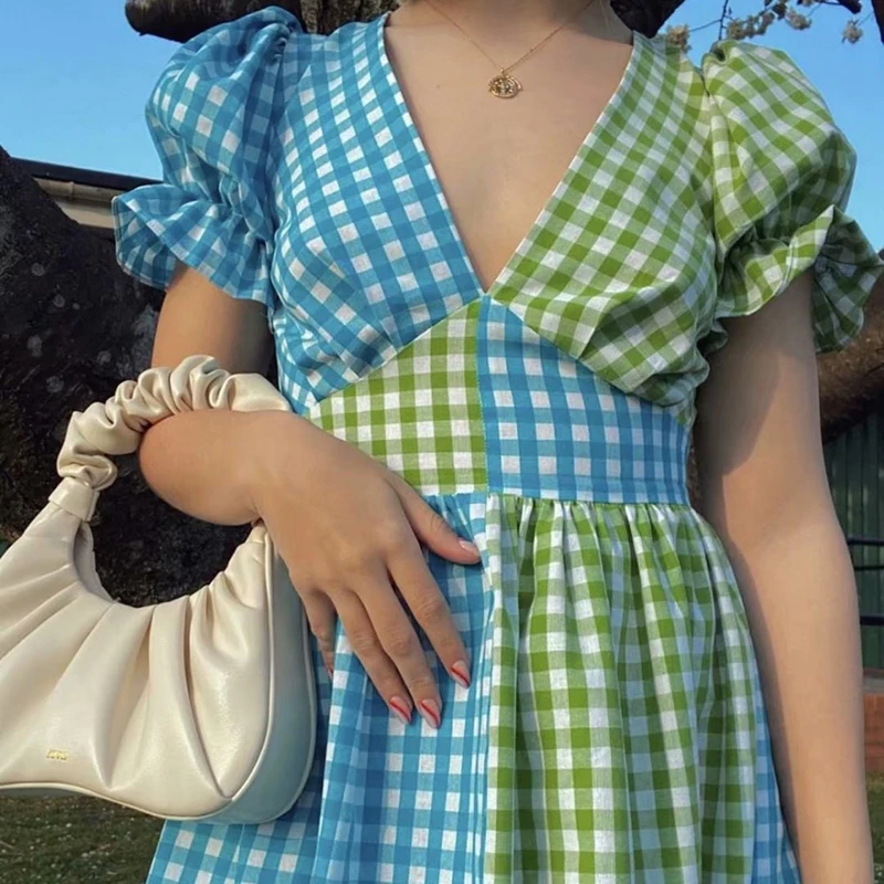 

Color Contrast Plaid Patchwork Long Dress Women Sexy V-neck Puff Sleeve Slim A-line Dress For Holiday Beach Sweet Summer Clothes