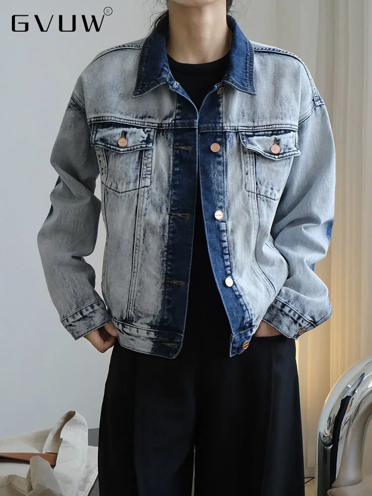 

GVUW autumn ins silhouette washed contrast denim jacket Thin Long Jacket WomenWholesale clothing cheap