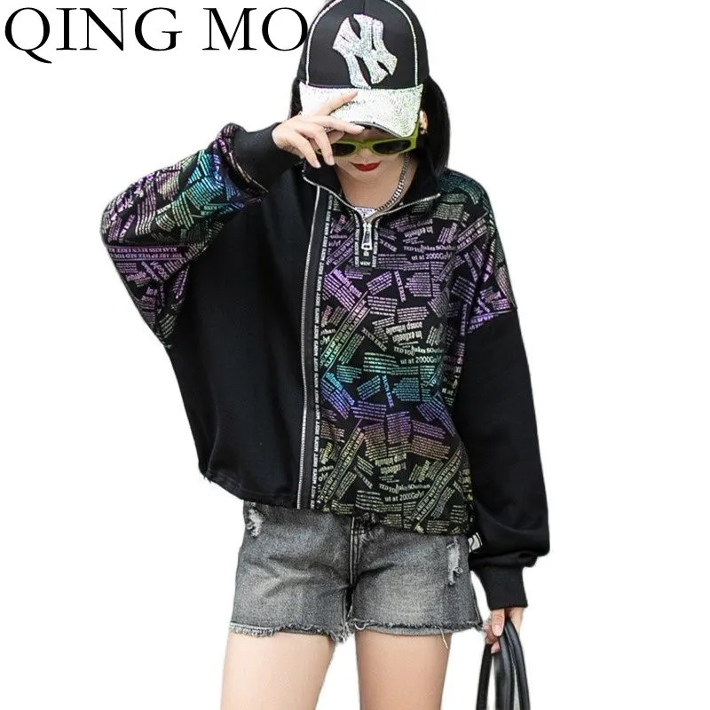 

QING MO Autumn Fashion Color Letter Print Short Sweatshirt Women Loose And Thin 2021 New Turtleneck Pullover Black ZWL874