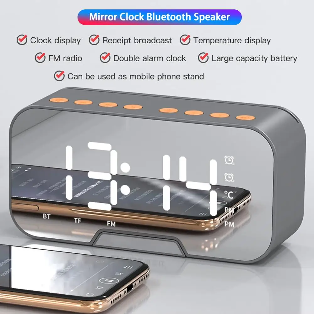 Многофункциональный зеркальный Будильник Bluetooth динамик с FM светодиодный
