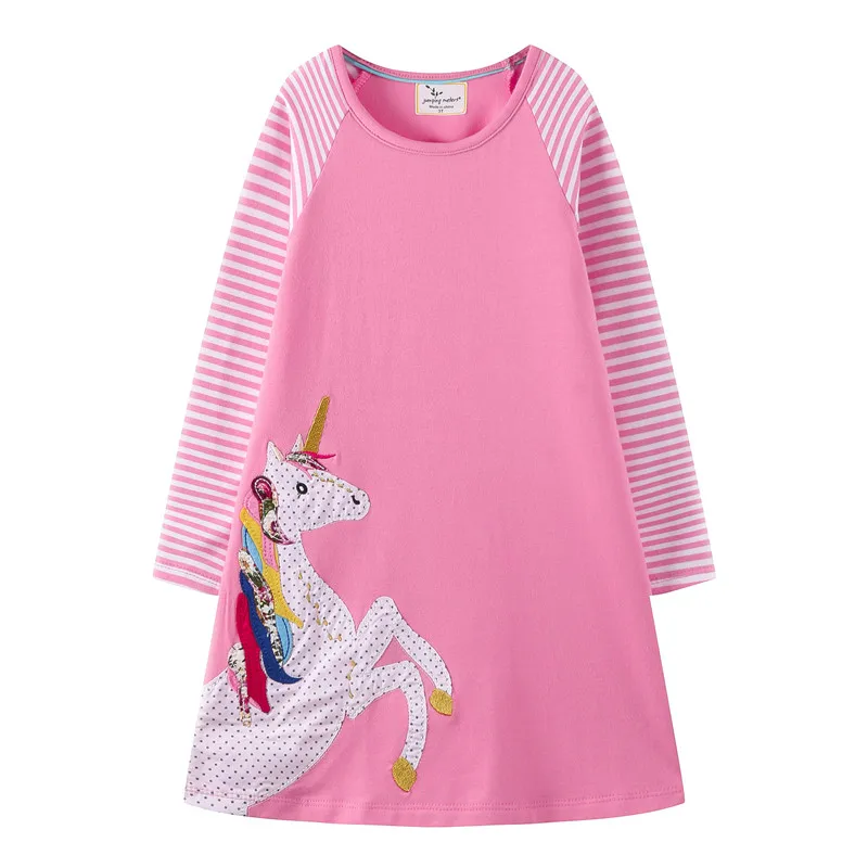 T7767 pink unicorn Jumping/Одежда для маленьких девочек; платья принцессы с аппликацией; туника с длинными рукавами; платья для маленьких девочек; хлопковые детские платья с изображением животных; одежда - Цвет: T7767 pink unicorn