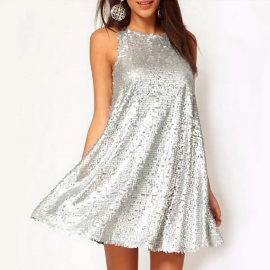 

Sexy Women Sequin Dress Vintage Swing Dress Sleeveless 1920s Evening Party Dresses female Clubwear Mini Silver Shiny Dress 2020