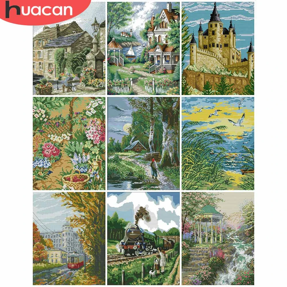 

HUACAN Embroidery House White Canvas Needlework Sets Cross Stitch Scenery 11CT 14CT DIY Gift Kits Home Decoration
