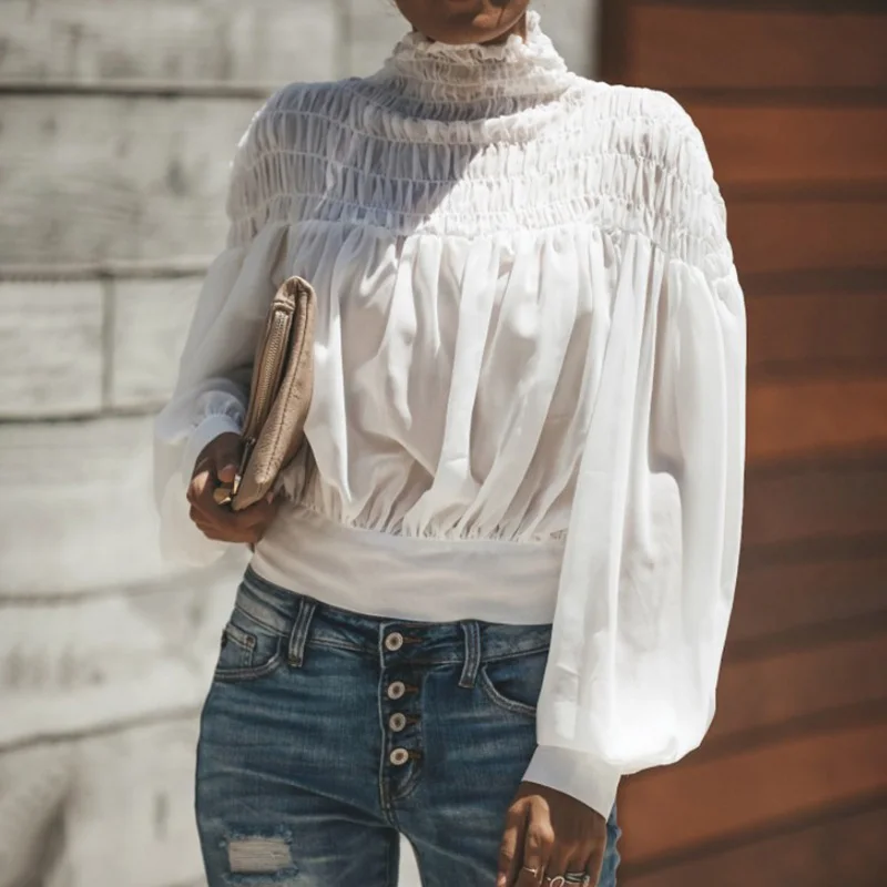 

Transparent Chiffon Blouses Women Long Sleeve Tops Shirts Elegant Lady Office Tees Blouse Autumn Fall Turtleneck Oversize Shirts