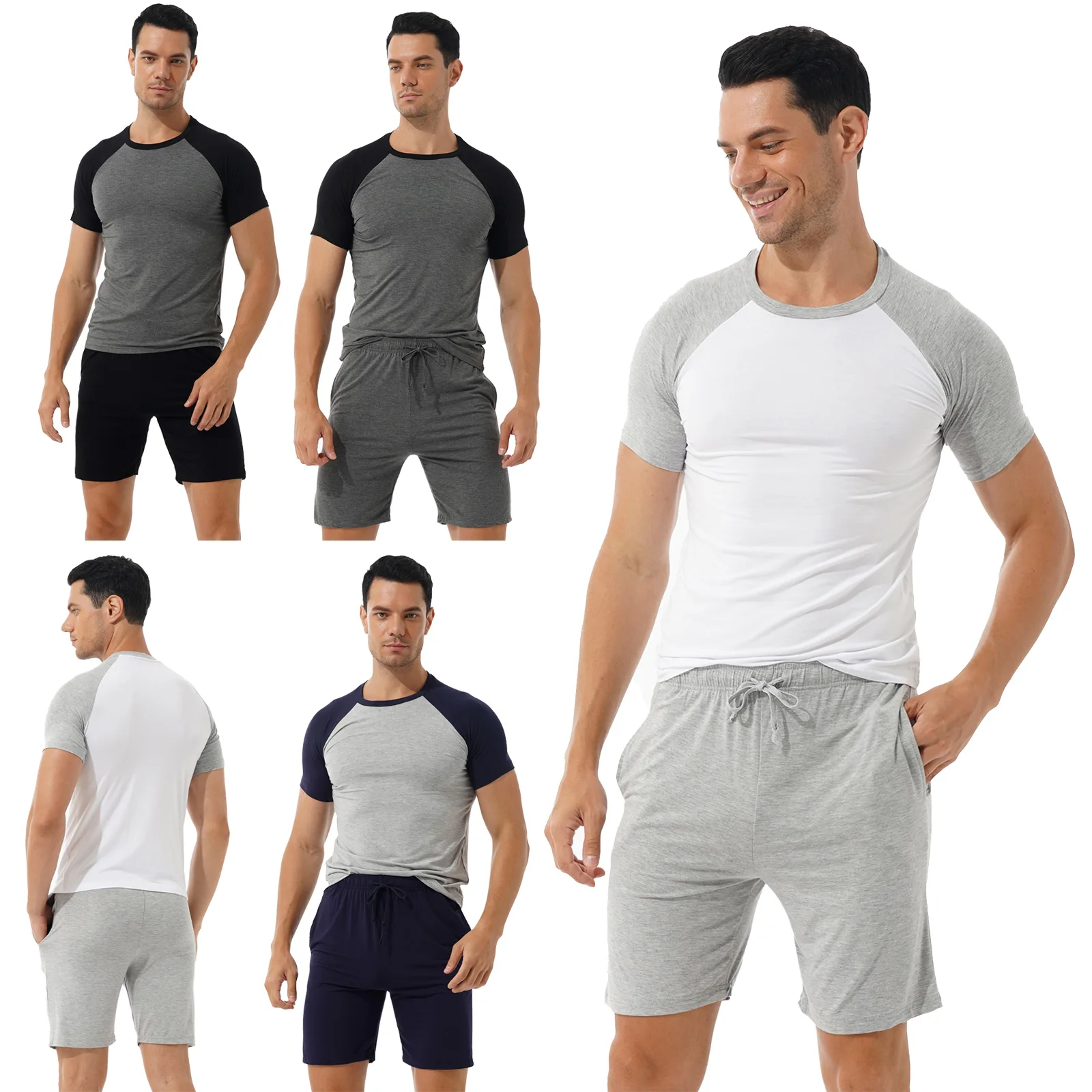 Men's Cotton Pajama Set 2 Pcs Summer Crewneck Short Sleeve Raglan Pjs Sleepwear