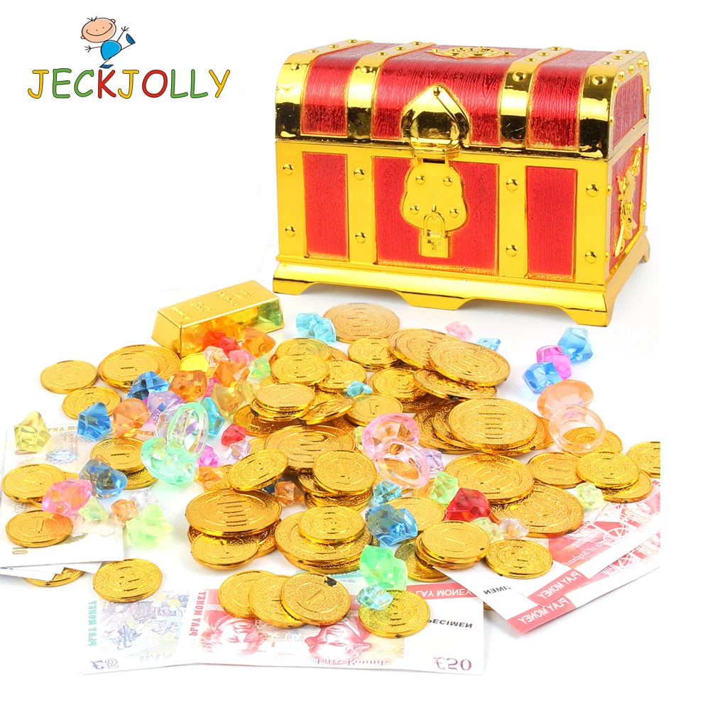 

Treasure Chest Box Gold Coins and Pirate Gems Colored Jewelry Diamond Playset Party Favor for Kids Birthday Supplies Decorations