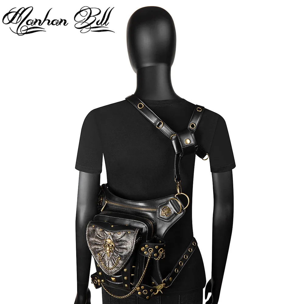 barato Design Retro Multifuncional Rua Motocicleta Saco Tático Senhoras Mochila Crânio Rebite Oblíquo Bolso Do Telefone Móvel