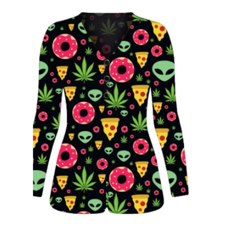 

Sexy Women Deep V-neck Bodycon Sleepwear Jumpsuit Bodysuit Shorts Romper Bodysuit Leotard Long Sleeve Print Button Bodysuit New
