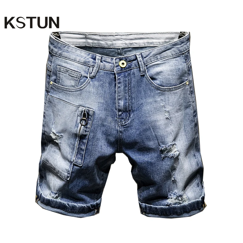 Мужские джинсы Лидер продаж летние шорты прямые эластичные хлопок рваные