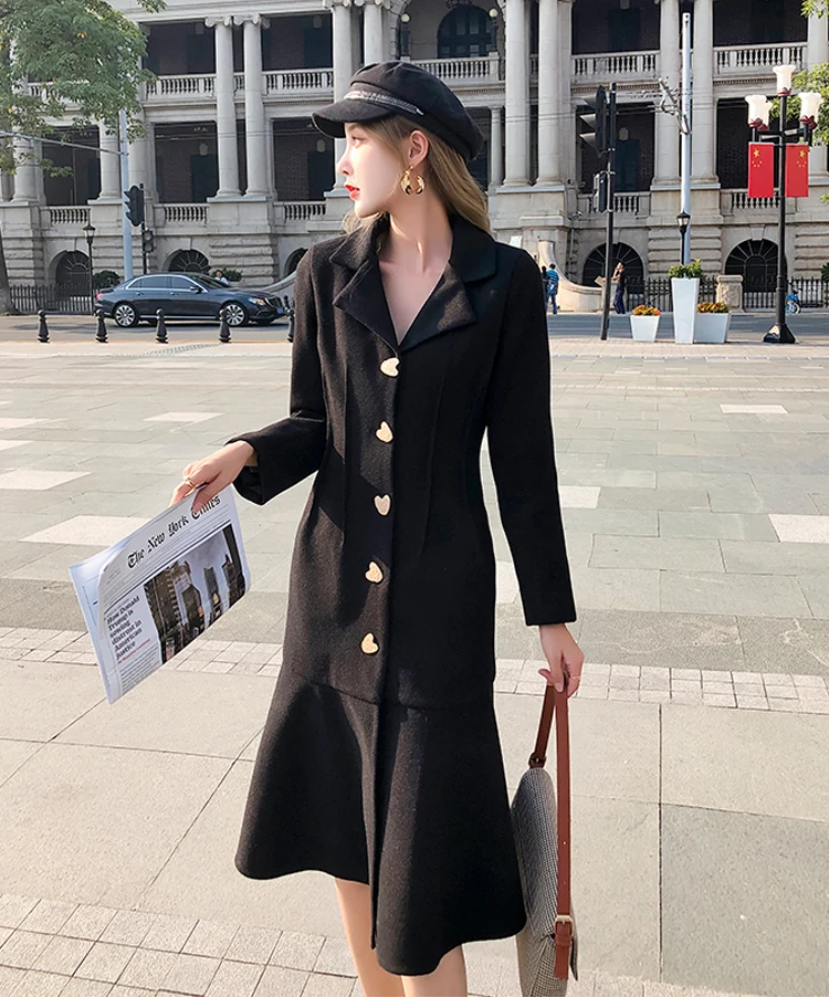 

Deivor 2020 winter new French victorian vintage fishtail Dress Medium Length slim woolen coat