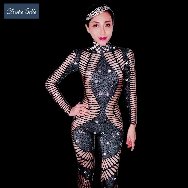 New Personality Women Nightclub Jumpsuits Rhinestones Stretch Rompers Party Bodysuit Jazz Singer Outfits Pole Dance Costumes