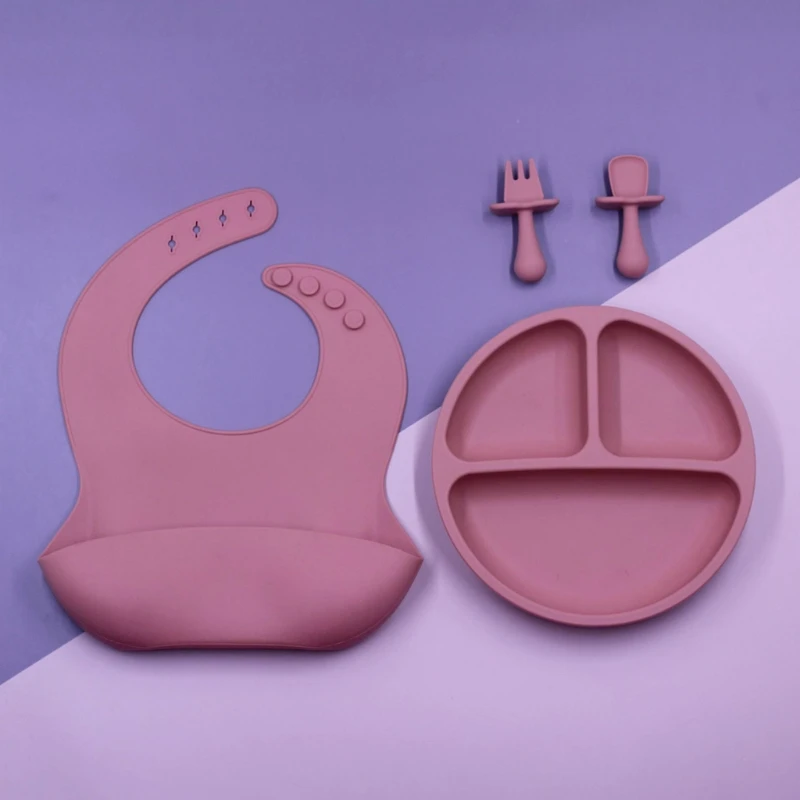 

B2RE 4 Pcs/Set Baby Training Feeding Food Bowl Spoon Fork Bibs Set Anti Slip Silicone Suction Divided Plate Tray Utensil Dishes