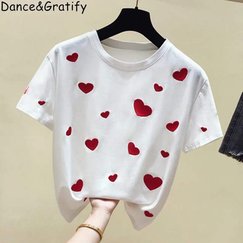 Женские 100% хлопковая Футболка с вышивкой топ сердечком Мода Обувь для девочек