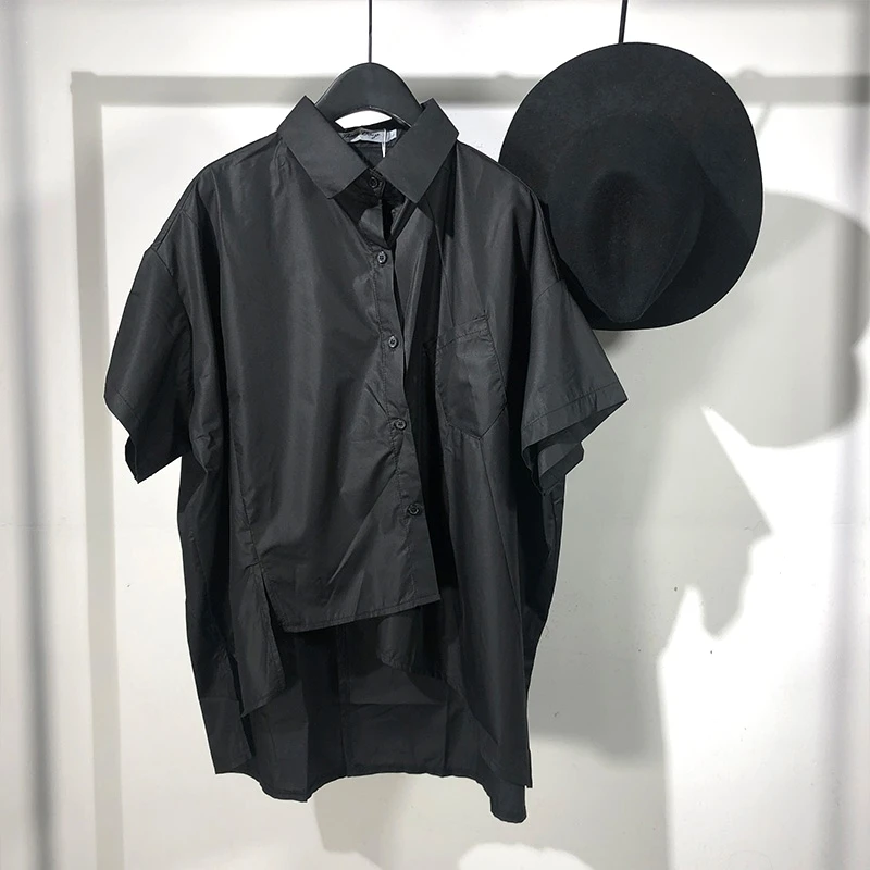 

Men's Short Sleeve Shirt Summer New Dark Lapel Irregular Design Before Short After Long Personality Versatile Shirt