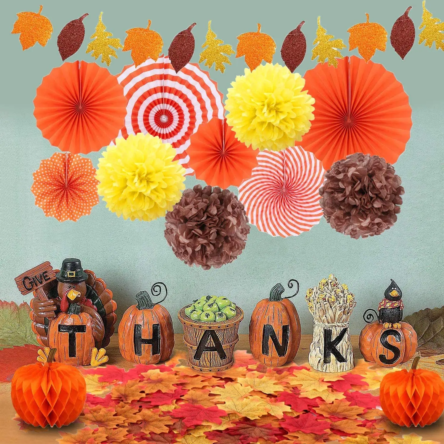 Halloween Party Decorations Orange Paper Fans Autumn Pumpkin Honeycomb Thanksgiving for Home Artificial Maple Leaves | Дом и сад