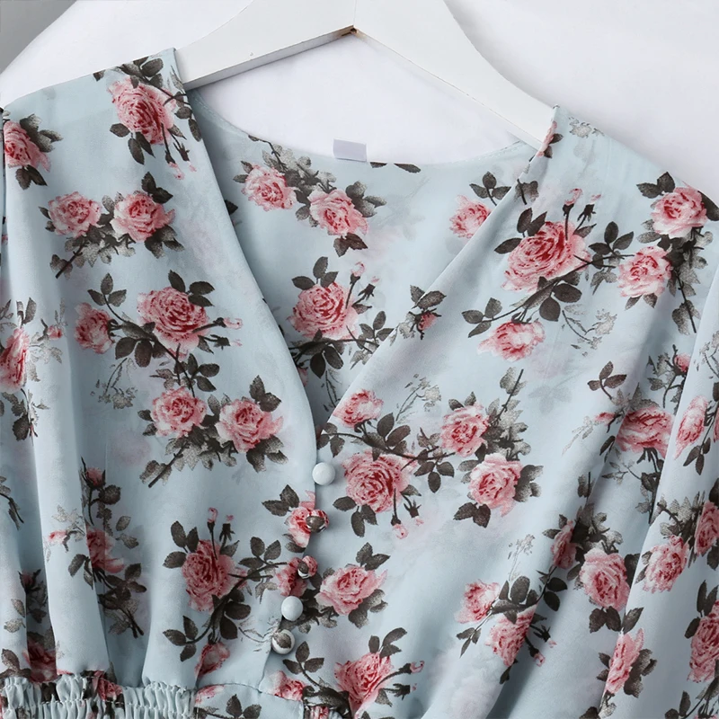 Summer Women Fashion V-neck Lantern Sleeve Tops Ruffles Shirts Sexy Ladies Sweet Retro Floral Chiffon Blouses Top Streetwear