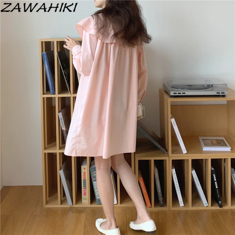 

ZAWAHIKI Dress Women Long Sleeve Big Turn Down Collar Femme Robe Buttons Stright Loose Vestidos De Mujer Korean Mini Dresses