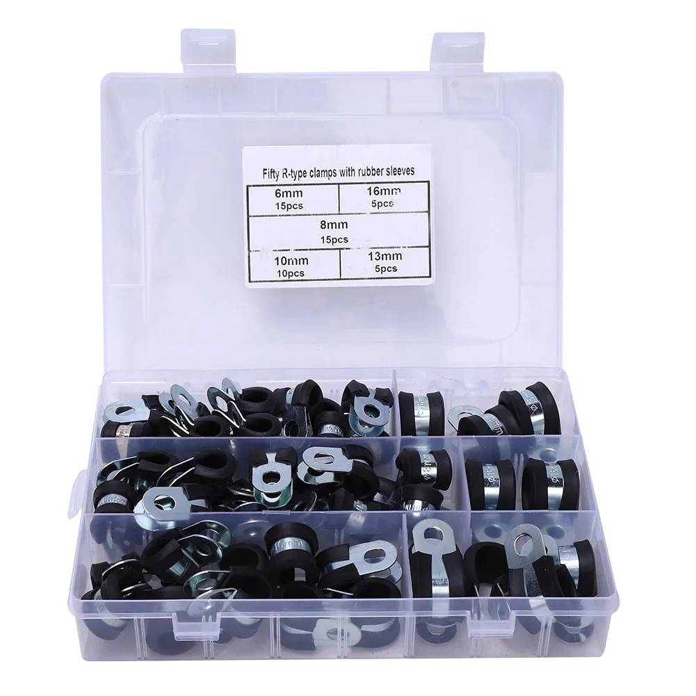 

50pcs R-Type Rubber Padded Hose Clamp Electrical Wire Cable Clip 6-16mm