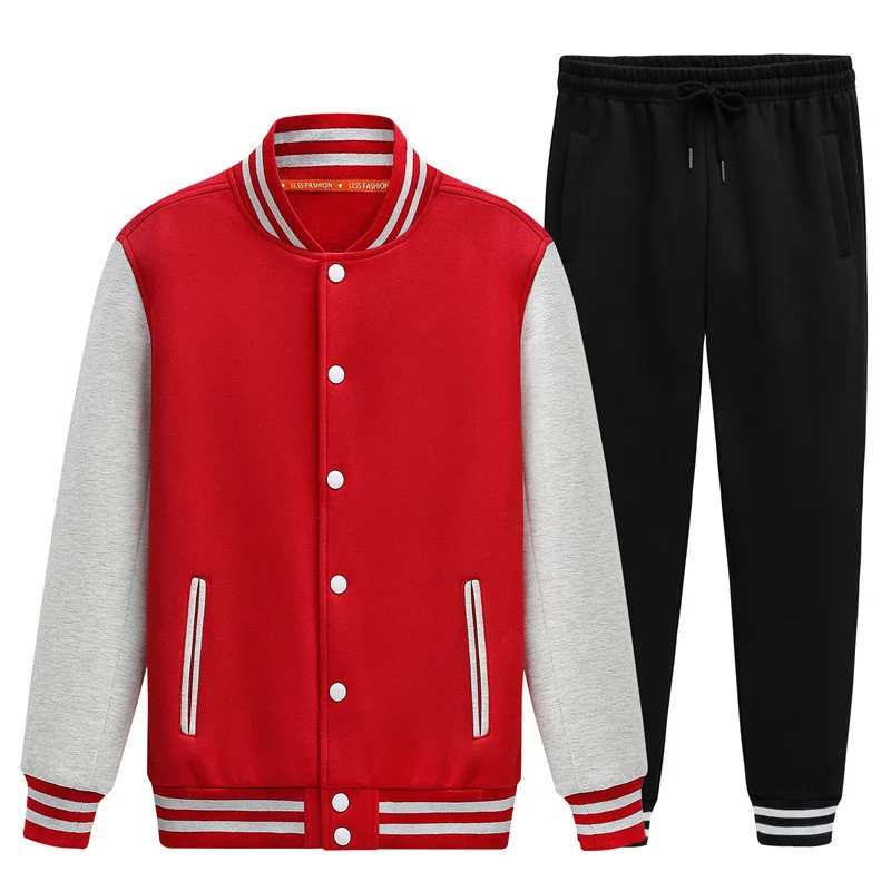 Baseball Suit Men Women Cardigan Botton Solid Coat Warm Long Sleeve Pocket Set Two Piece Jackets Trouser 2021 Fashion